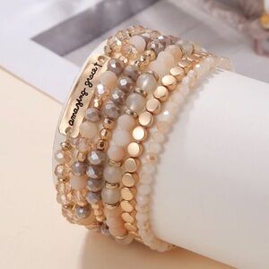 Amazing Grace Cross Gold and Cream Beaded Bracelet Set